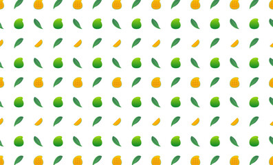 Manggo whole, leaf and slice seamless pattern.Beautiful vector seamless pattern with whole Manggo, leaves and Manggo pieces. Doodles. Suitable for wallpaper,  surface textures, textile.