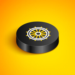 Isometric line Ship steering wheel icon isolated on yellow background. Black circle button. Vector