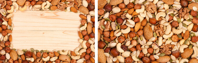 Mix of different nuts with copy space for your text. Top view