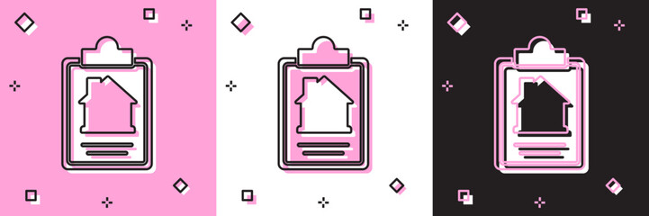 Set House contract icon isolated on pink and white, black background. Contract creation service, document formation, application form composition. Vector