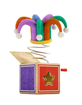 Joke surprise box with jester hat isolated on transparent background. 3D illustration