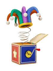 Joke surprise box with jester hat isolated on transparent background. 3D illustration © Destina
