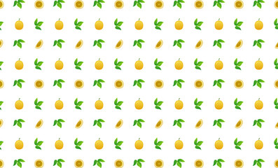 Passion fruit whole, leaf and slice seamless pattern.Beautiful vector seamless pattern with whole Passion fruit, leaves and  pieces. Doodles. Suitable for wallpaper,  surface textures, textile.