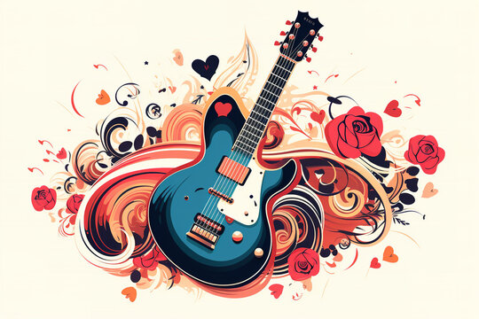 Electric Guitar Love, Retro Graphics, Clipart Style