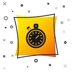 Black Stopwatch icon isolated on white background. Time timer sign. Chronometer sign. Yellow square button. Vector