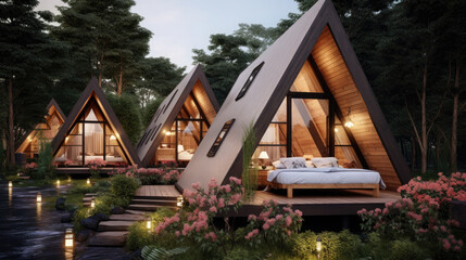 Fototapeta premium a-frame house in nature, glamping, hotel, recreation center, modern architecture, stylish building, guest house, villa, triangular, pyramidal, glass, garden, wood