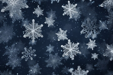 soft white fluffy snowflakes on dark grey background, high detail