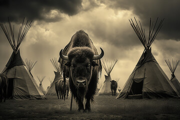 wildlife photography, Buffalo Herd among Teepees of the Blackfoot Tribe, ultra realistic, monochrom, - obrazy, fototapety, plakaty