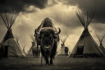 Crédence de cuisine en plexiglas Parc national du Cap Le Grand, Australie occidentale wildlife photography, Buffalo Herd among Teepees of the Blackfoot Tribe, ultra realistic, monochrom,