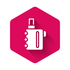 White Electronic cigarette icon isolated with long shadow background. Vape smoking tool. Vaporizer Device. Pink hexagon button. Vector