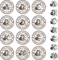 Vitamin stamps and vitamin icons collection for design