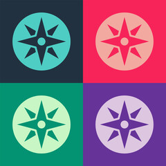 Pop art Wind rose icon isolated on color background. Compass icon for travel. Navigation design. Vector