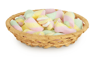 Fototapeta na wymiar Colorful mini marshmallows in a wicker basket isolated on white background with full depth of field