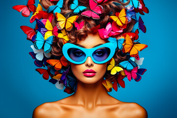 Femme avec des lunettes et des papillons de couleurs dans ses cheveux bouclés, portrait de mode - obrazy, fototapety, plakaty