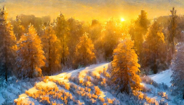 Snowy mountain landscape in a sunset golden hour