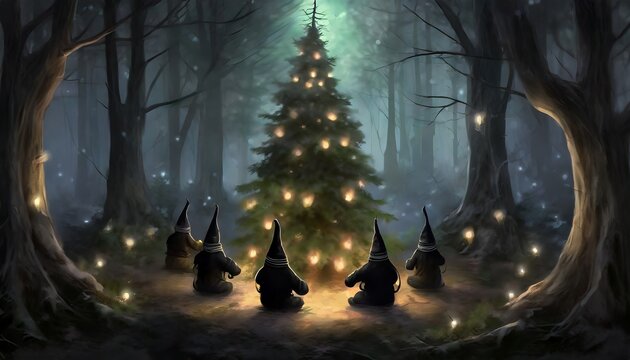 Gnomes around a dark christmas tree