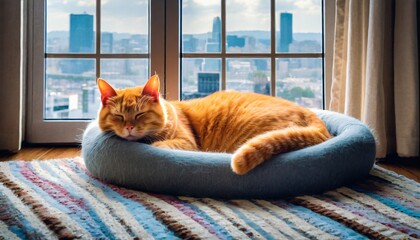 An orange cat sleeping in a basket against a city backdrop - obrazy, fototapety, plakaty