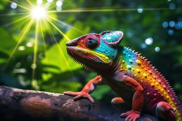 Obraz premium colorful iguana on a tree branch with sun coming through the trees