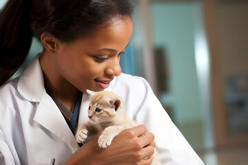 A african american young female veterinarian examines a kitten