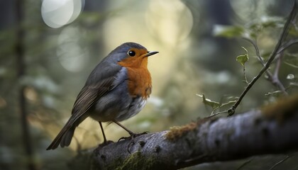 Fototapeta premium A robin in a semi dark forest