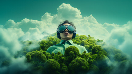 Femme émergeant d'un buisson vert et portant un masque à gaz devant un nuage de fumée - obrazy, fototapety, plakaty