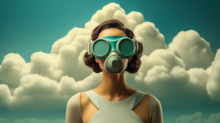Femme portant un masque à gaz devant un nuage de fumée - obrazy, fototapety, plakaty