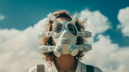 Femme portant un masque à gaz devant un nuage de fumée