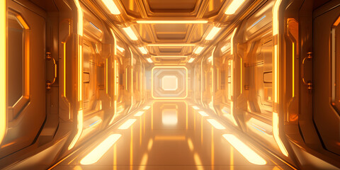 Naklejka premium Tech Inspired Cyberpunk Concept Abstract Geometric Background, Sleek And Spacious Futuristic Hall With Luminous Lighting, A tunnel with a yellow light on it, generative ai 