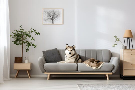 Stylish and scandinavian living room interior of modern apartment with gray sofa, design wooden commode, wooden table, lamp, abstract paintings on the wall. Beautiful dog lying on the couch	
