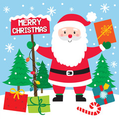 Santa Claus with Christmas tree and gift