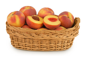 Ripe peach fruit with half in a wicker basket isolated on white background with full depth of field