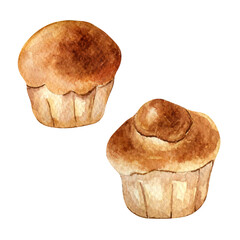 Fresh whole brioche buns watercolor illustration isolated on white background. Hand drawn French bread for bakeshop. Painted brioche. Element for design signage, cookbook, wrapping paper, packaging