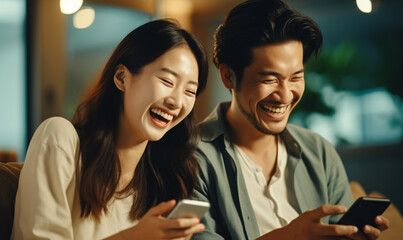 Couple asian people using smartphone and laughing. Happiness moment - obrazy, fototapety, plakaty