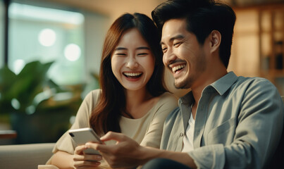 Obrazy na Plexi  Couple asian people using smartphone and laughing. Happiness moment