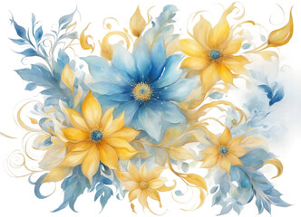 Yellow and blue floral decor.