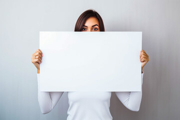 Femme tenant un panneau blanc vide pour texte ou message - obrazy, fototapety, plakaty