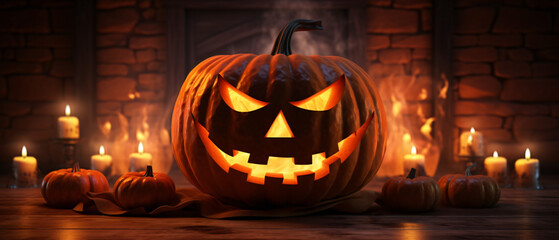 Halloween pumpkin head jack o lantern with burning fire