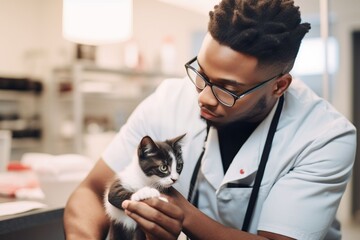 A african american young male veterinarian examines a kitten at modern white