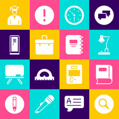 Set Magnifying glass, Book, Table lamp, Clock, Briefcase, Locker or changing room, Graduate and graduation cap and Notebook icon. Vector