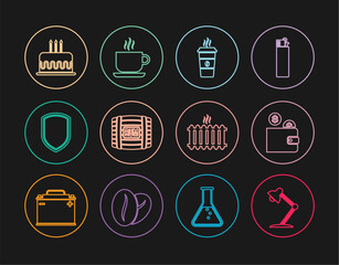 Set line Table lamp, Wallet with coin, Coffee cup, Wooden barrel rum, Shield, Cake burning candles, Heating radiator and icon. Vector
