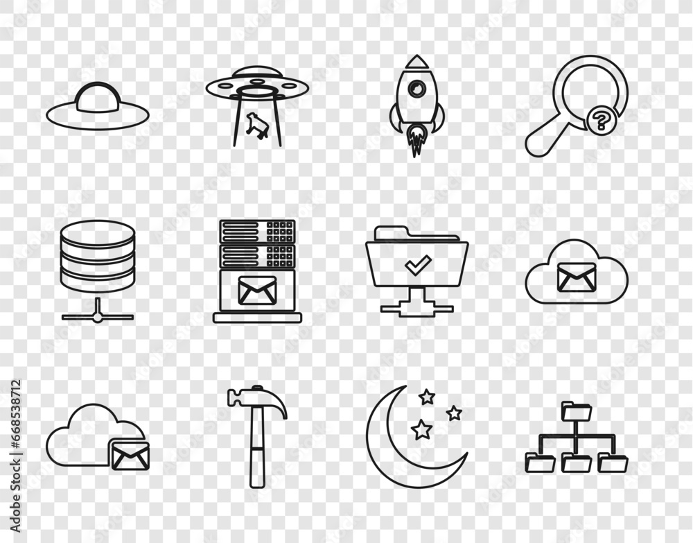 Wall mural Set line Cloud mail server, Folder tree, Rocket ship with fire, Hammer, UFO flying spaceship, Mail, Moon and stars and icon. Vector