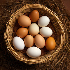 brown and white eggs in a basket, generative ai