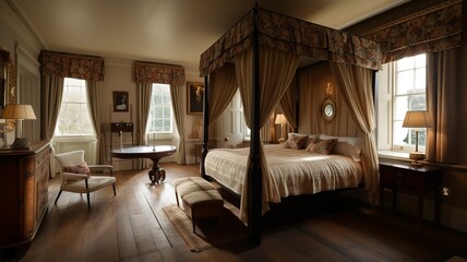Fototapeta na wymiar in a beautiful bedroom, a special bed with a canopy, elegant and beautiful