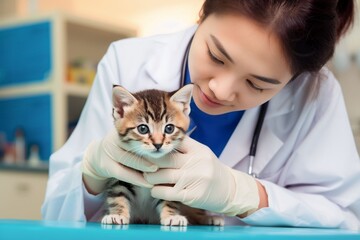 A asian young female veterinarian examines a kitten