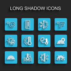 Set line Rainbow, Water thermometer, Celsius, Sun and snowflake, with clouds, Thermometer sun, and cloud, icon. Vector