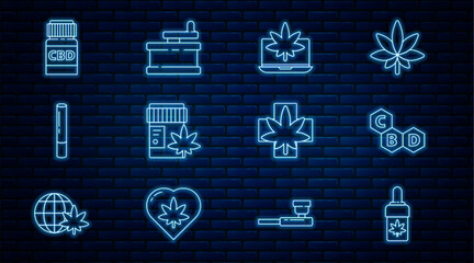 Set line Marijuana or cannabis olive oil, Cannabis molecule, Laptop and marijuana, Medical bottle with, joint, leaf and Manual grinder icon. Vector