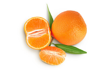 Tangerine or clementine with green leaf isolated on white background with full depth of field. Top view. Flat lay
