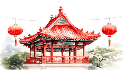 Beautiful pagoda with red New Year lanterns, watercolor drawing for a poster or postcard for Chinese New Year with space to wish happiness and well-being to family and loved ones