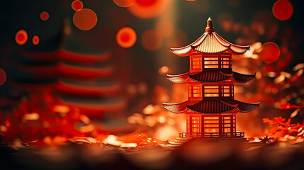 Celebrating Chinese New Year, 3D drawing of a pagoda, a red beautiful pagoda against the backdrop of a night city with space for text with wishes for happiness and prosperity in the family