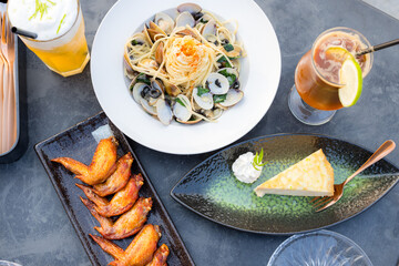 Top view of the food at outdoor cafe